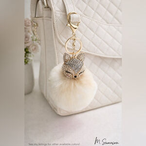 Fluffy Fox Bag Charm Keychain - Cream - Pearl & Rhinestone Pom Accessory